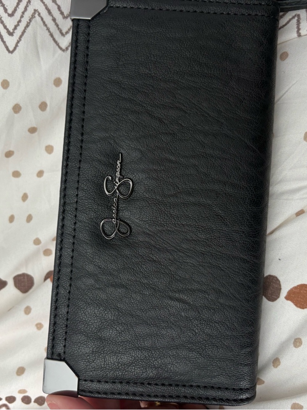 Jessica Simpson Black Leather Phone Case with Metal Logo